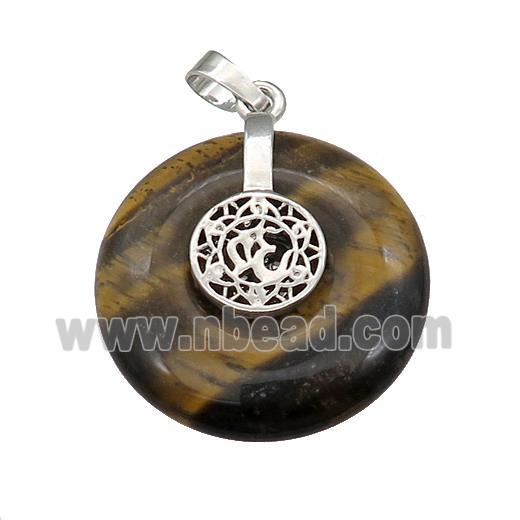 Natural Tiger Eye Stone Donut Pendant With Alloy Chakra OM Symbol