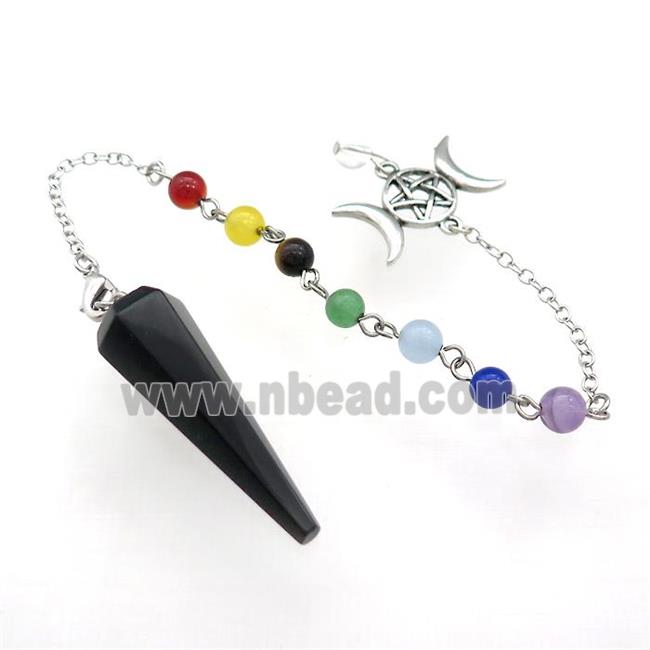 Black Obsidian Pendulum Pendant With Gemstone Chakra Chain Alloy Star Moon Platinum Plated