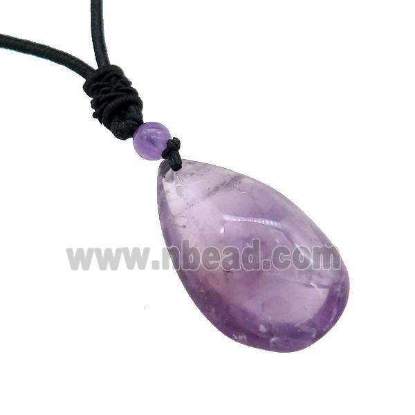 Purple Amethyst Teardrop Necklace Black Nylon Rope Cord