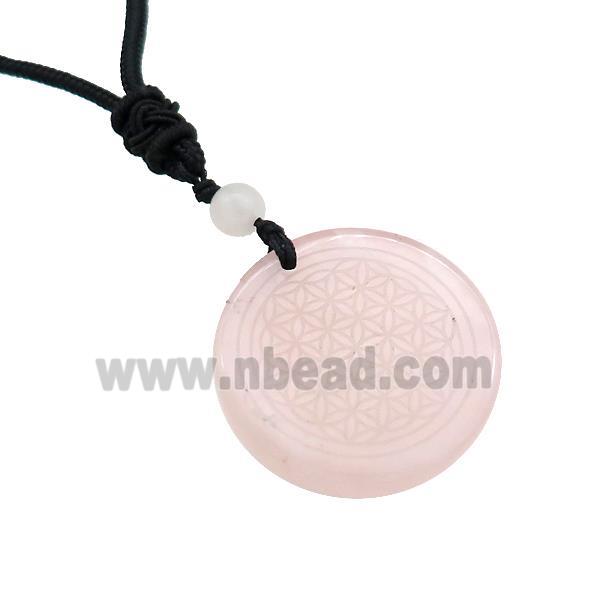 Pink Rose Quartz Circle Necklace Flower Of Life Black Nylon Rope Cord