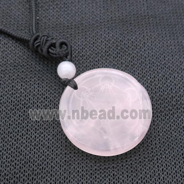 Pink Rose Quartz Circle Chakra Necklace Black Nylon Rope Cord