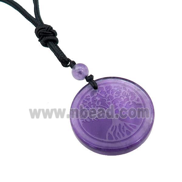 Purple Amethyst Circle Necklace Tree Of Life Black Nylon Rope Cord