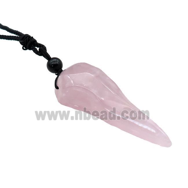 Pink Rose Quartz Crow Skull Necklace Birds Black Nylon Rope Cord