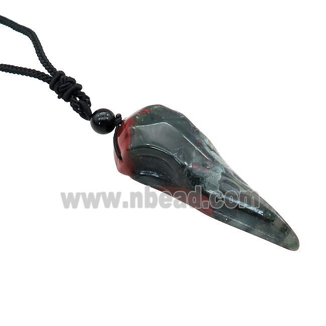 African Bloodstone Crow Skull Necklace Birds Black Nylon Rope Cord