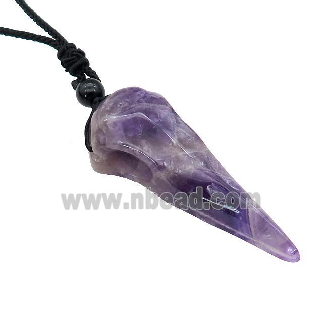 Purple Amethyst Crow Skull Necklace Birds Black Nylon Rope Cord