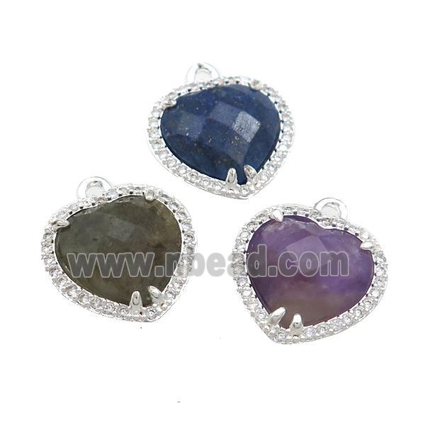 Mixed Gemstone Heart Pendant Pave Zircon Platinum Plated