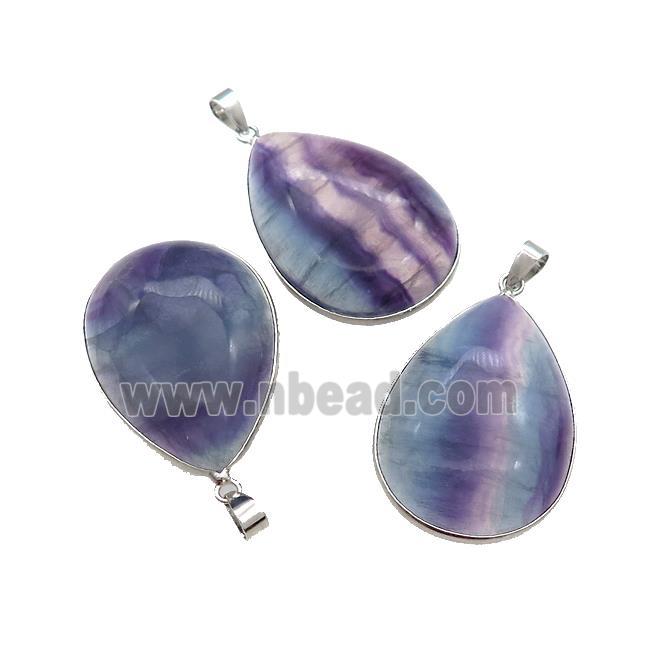 Natural Fluorite Teardrop Pendant Multicolor Platinum Plated