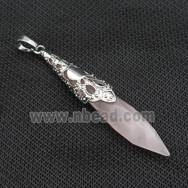 Natural Pink Rose Quartz Pendulum Pendant Platinum Plated