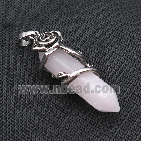 Natural Pink Rose Quartz Prism Pendant Cone Alloy Flower Wrapped