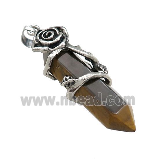 Natural Tiger Eye Stone Energy Prism Pendant Alloy Flower Wrapped