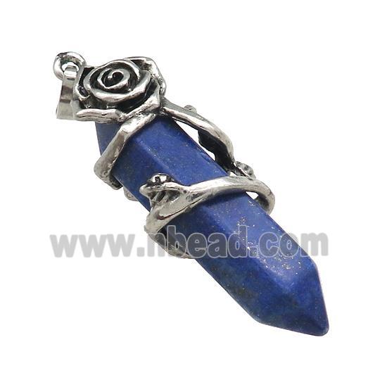 Natural Blue lapis Lazuli Prism Pendant Alloy Flower Wrapped