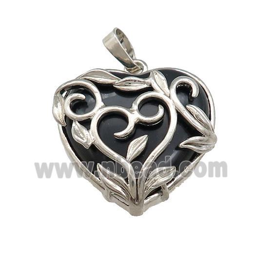 Black Obsidian Heart Pendant Alloy Flower Wrapped Platinum Plated