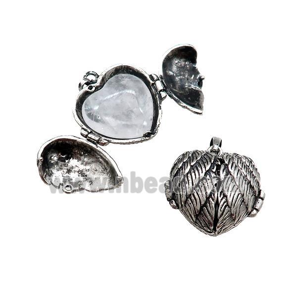 Zinc Alloy Heart Wish Box Locket With Clear Quartz Antique Silver