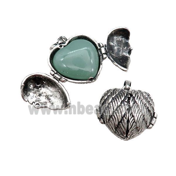 Zinc Alloy Heart Wish Box Locket With Green Aventurine Antique Silver