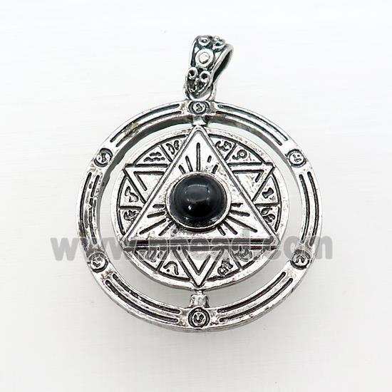 Zinc Alloy David Star Pendant Pave Black Obsidian Circle Antique Silver