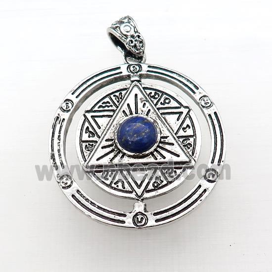 Zinc Alloy David Star Pendant Pave Lapis Lazuli Circle Antique Silver