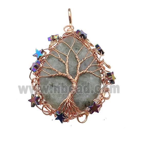 Natural Labradorite Teardrop Pendant With Tree Of Life Wire Wrapped Rose Gold