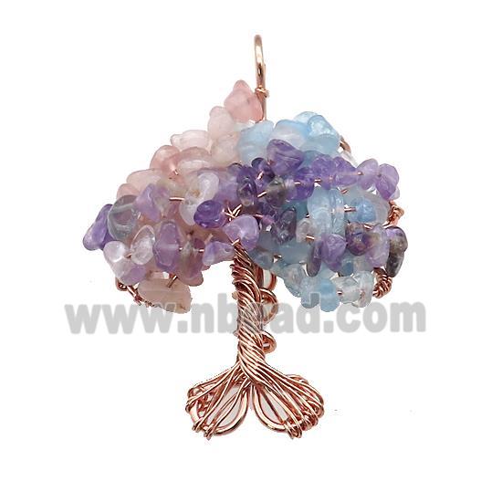 Natural Gemstone Chakra Pendant Tree Of Life Copper Wire Wrapped Rose Gold