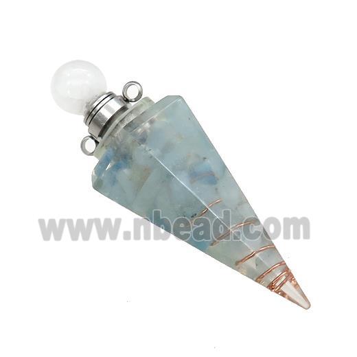 Natural Aquamarine Chips Perfume Bottle Pendant Resin Cone Platinum Plated