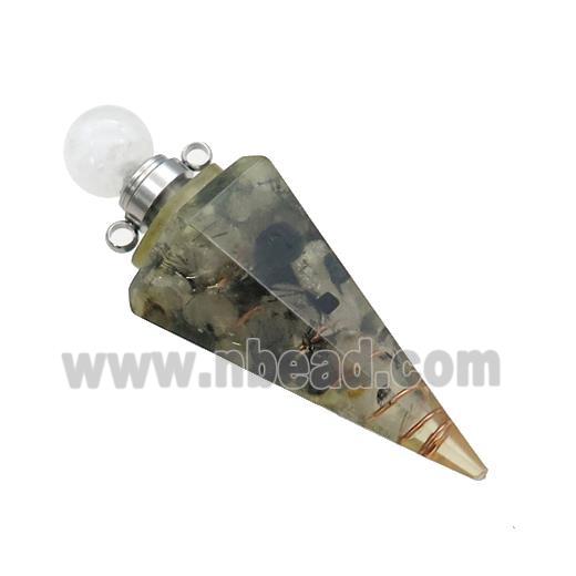 Natural Black Rutilated Quartz Chips Perfume Bottle Pendant Resin Cone Platinum Plated