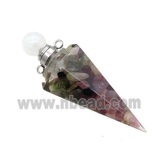 Natural Multicolor Tourmaline Chips Perfume Bottle Pendant Resin Cone Platinum Plated