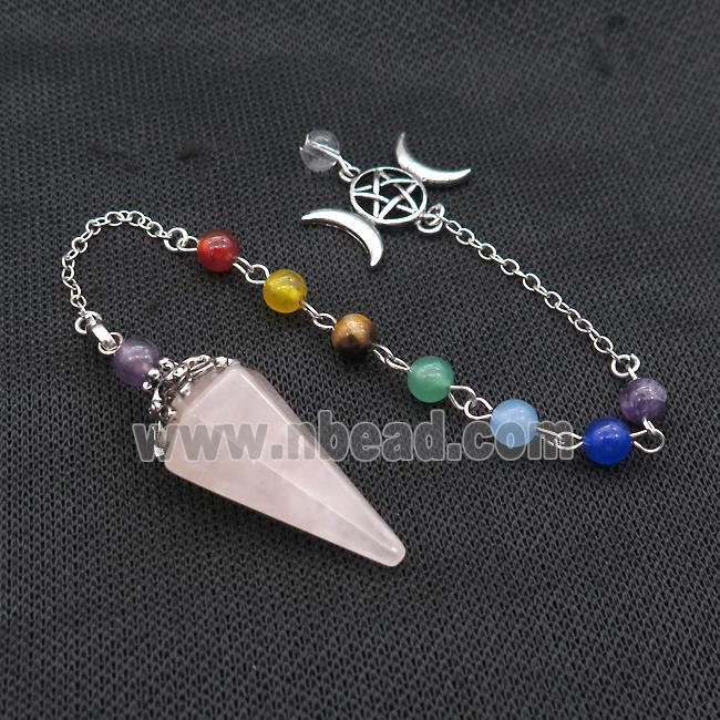 Natural Pink Rose Quartz Pendulum Pendant With Gemstone Chakra Chain Platinum Plated