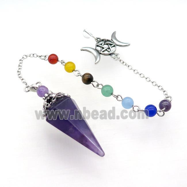 Natural Purple Amethyst Pendulum Pendant With Gemstone Chakra Chain Platinum Plated