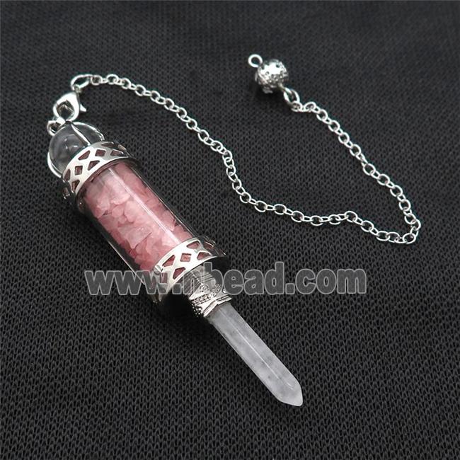 Pink Rose Quartz Chips Pendulum Pendant Crystal With Copper Chain Platinum Plated