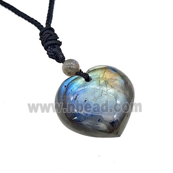 Natural Labradorite Heart Necklace Black Nylon Rope Adjustable