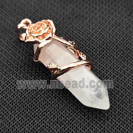 Clear Quartz Prism Pendant Cone Alloy Flower Wrapped Rose Gold