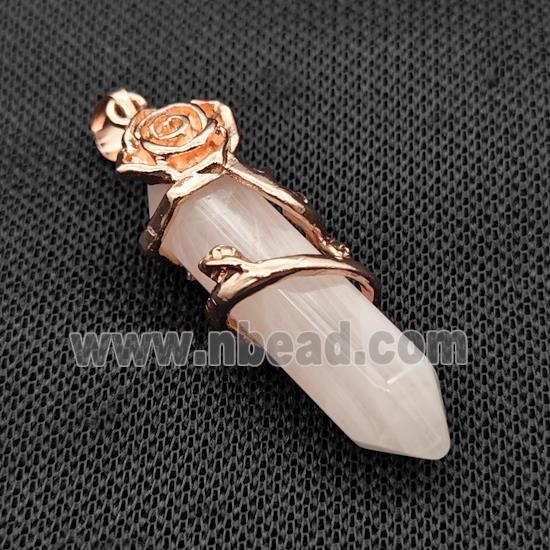 Pink Rose Quartz Prism Pendant Cone Alloy Flower Wrapped Rose Gold