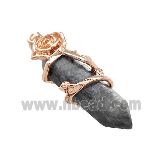 Black Labradorite Prism Pendant Cone Alloy Flower Wrapped Rose Gold