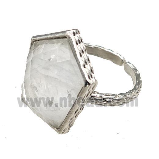 Clear Quartz Pentagon Rings Copper Shield Adjustable Platinum Plated