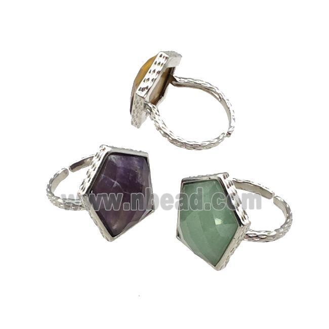 Natural Gemstone Pentagon Rings Copper Shield Adjustable Platinum Plated Mixed