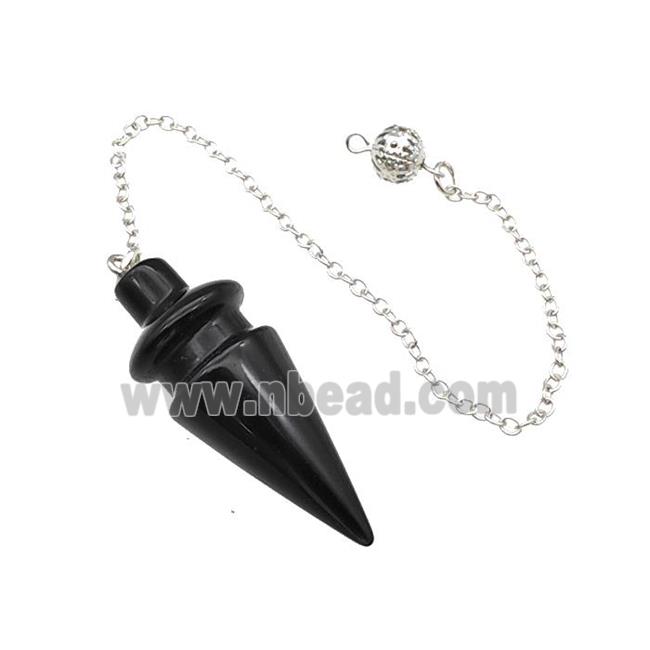 Natural Black Obsidian Dowsing Pendulum Pendant With Chain Platinum Plated