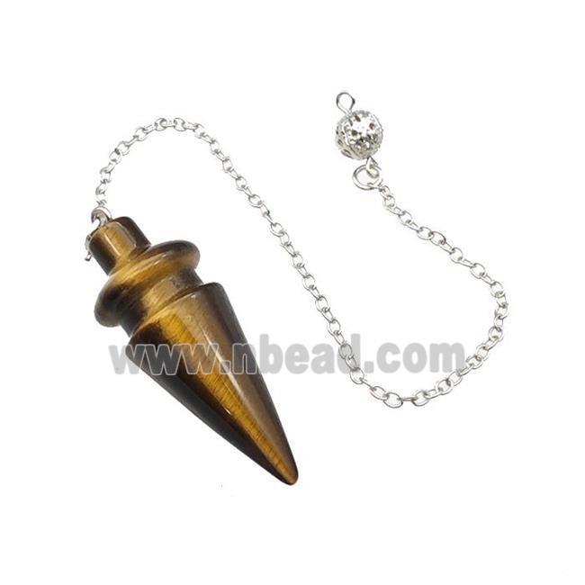 Natural Tiger Eye Stone Dowsing Pendulum Pendant With Chain Platinum Plated