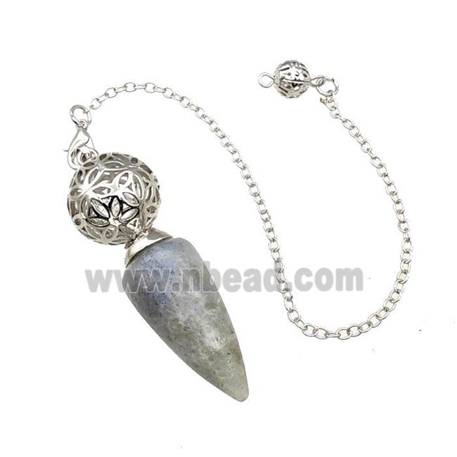 Natural Labradorite Dowsing Pendulum Pendant With Copper Hollow Ball Chain Platinum