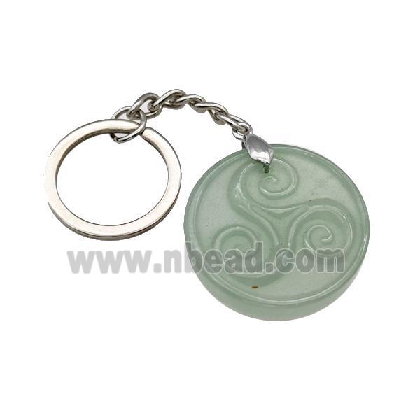 Green Aventurine Triskelion Keychain Circle Alloy Platinum Plated