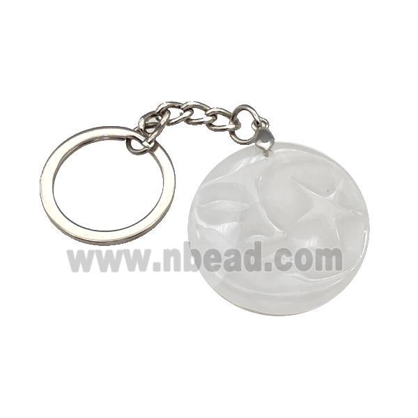 Clear Quartz MoonStar Keychain Circle Alloy Platinum Plated