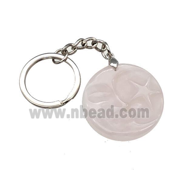 Pink Rose Quartz MoonStar Keychain Circle Alloy Platinum Plated