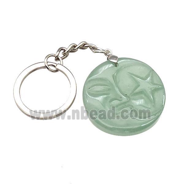 Green Aventurine MoonStar Keychain Circle Alloy Platinum Plated