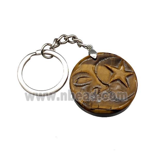 Tiger Eye Stone MoonStar Keychain Circle Alloy Platinum Plated