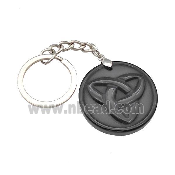 Black Obsidian Trinity Keychain Circle Alloy Platinum Plated