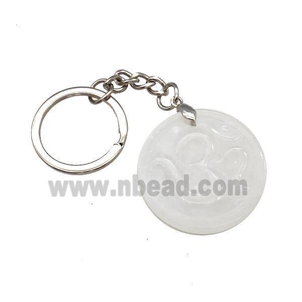 Clear Quartz Hinduism Keychain OM Circle Alloy Platinum Plated