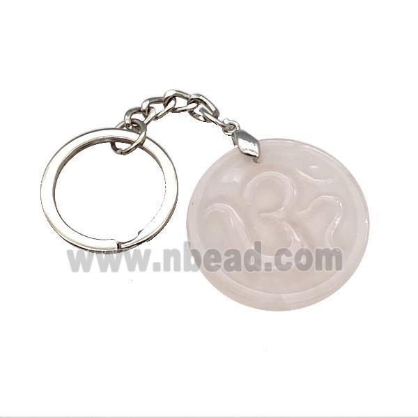 Pink Rose Quartz Hinduism Keychain OM Circle Alloy Platinum Plated