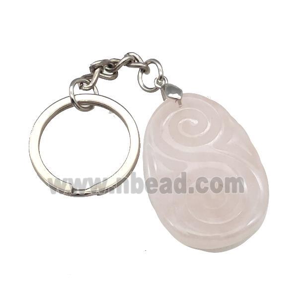 Pink Rose Quartz Spiral Keychain Flat Teardrop Alloy Platinum Plated