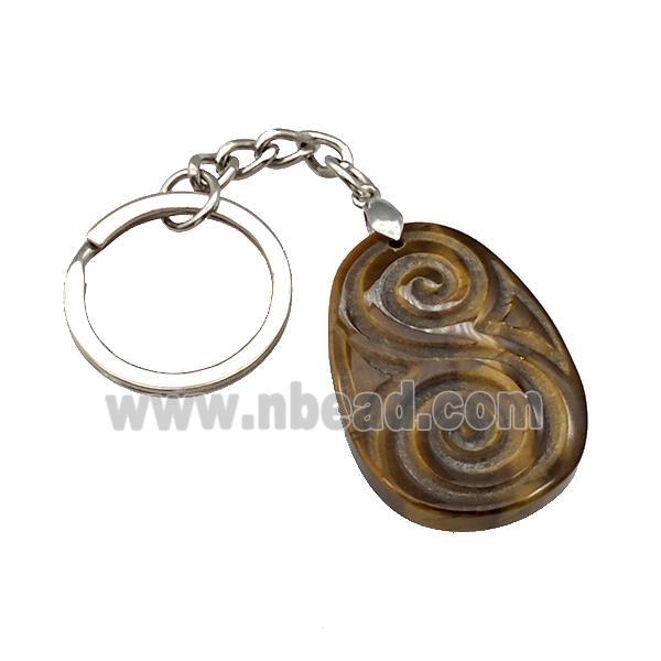 Tiger Eye Stone Spiral Keychain Flat Teardrop Alloy Platinum Plated