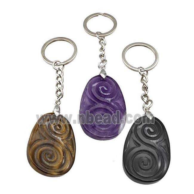 Natural Gemstone Spiral Keychain Flat Teardrop Alloy Platinum Plated Mixed