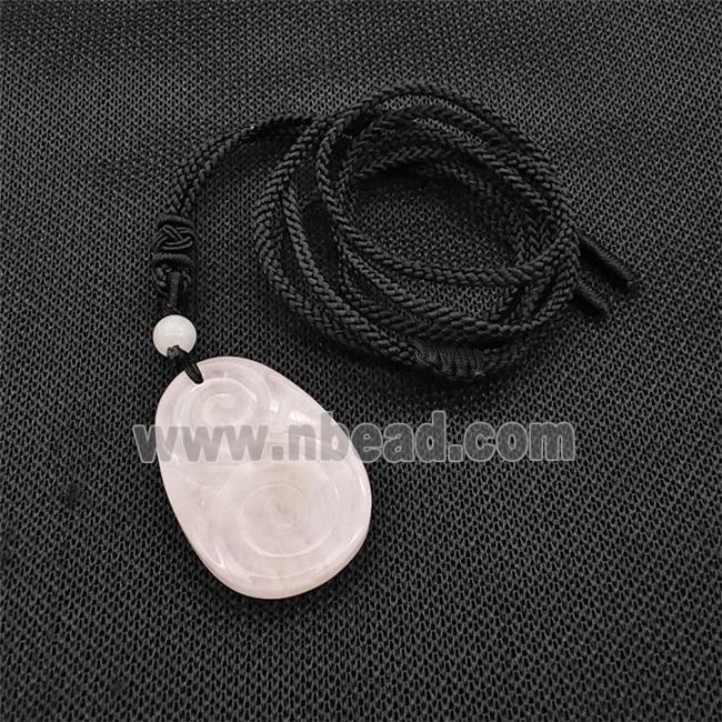 Natural Pink Rose Quartz Spiral Necklace Flat Teardrop Black Nylon Rope