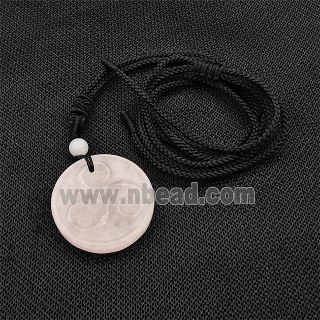 Natural Pink Rose Quartz Triskelion Necklace Circle Black Nylon Rope